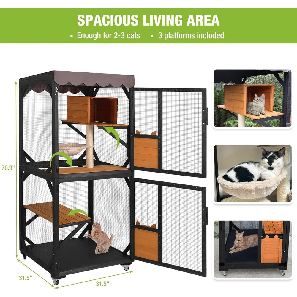 Movable Outdoor Cat House On Wheels For Three To Five Cats