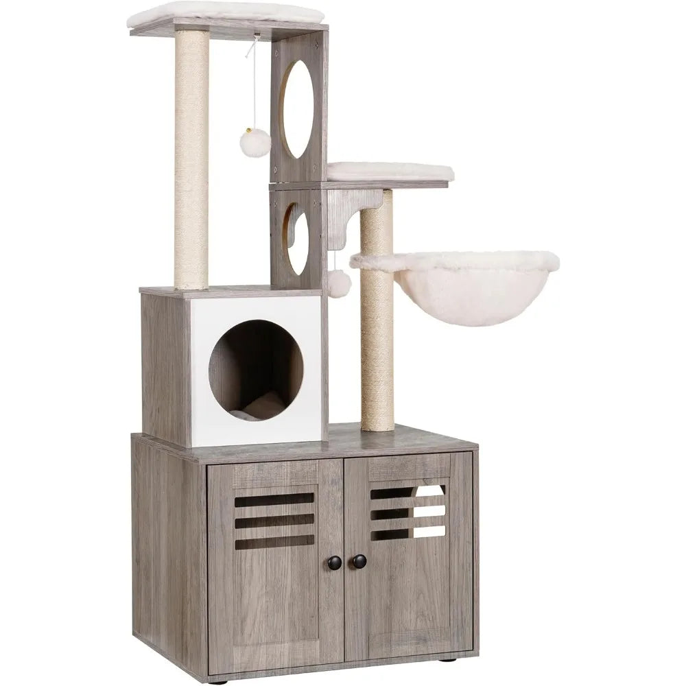 MKDK Cat Tree Litter Box Enclosure With Food Station