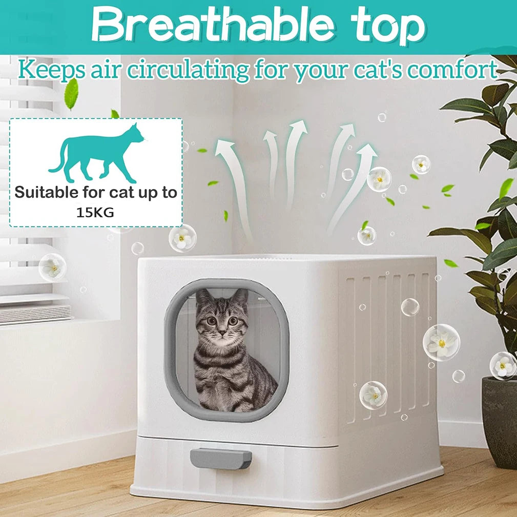 Leak-Proof Enclosed Cat Litter Box With Pull Drawer And Scoop