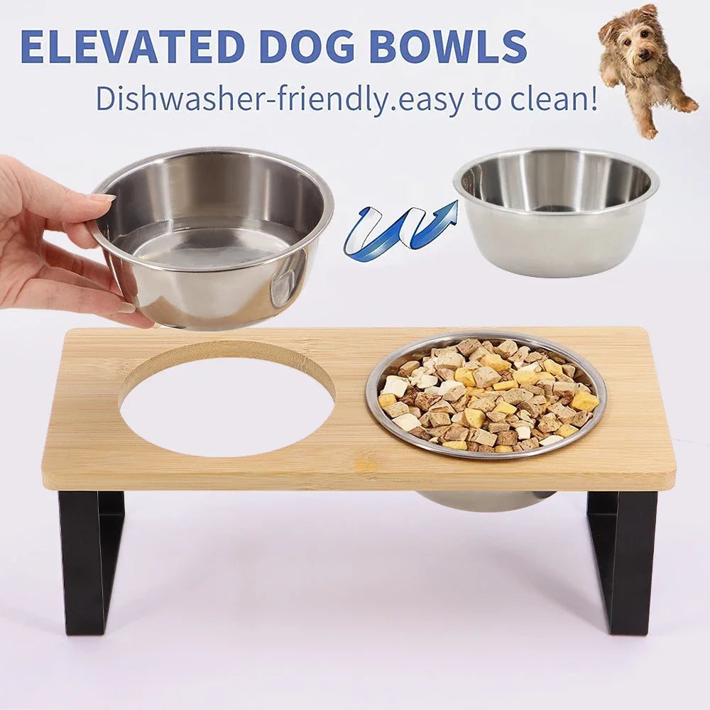 Elevated Tilted Cat Bowls On Wooden Stand Reducing Vomiting