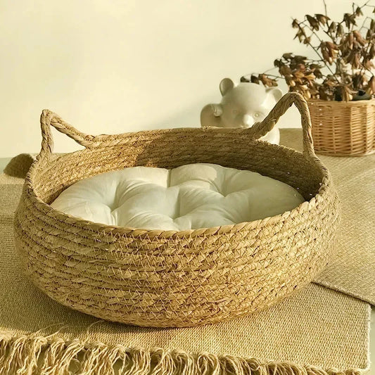 Lewencn Handwoven Rattan Cat Nest Four Seasons Warm Pad
