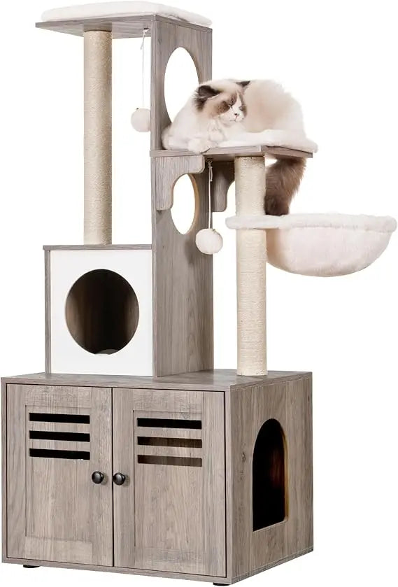 MKDK Cat Tree Litter Box Enclosure With Food Station