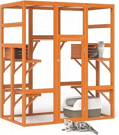 Closure Outdoor Wooden Cat Enclosure With Perches and Roof
