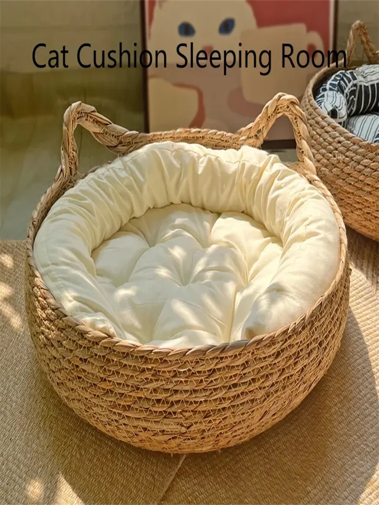 Lewencn Handwoven Rattan Cat Nest Four Seasons Warm Pad