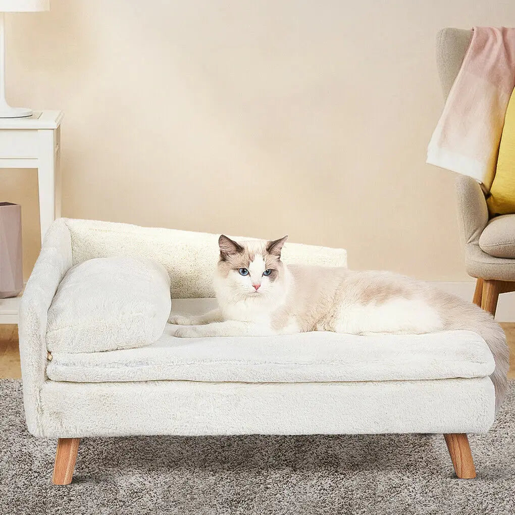 NONECN Elevated Pet Bed With Solid Wood Legs Indoor L Shape Plush Cushion