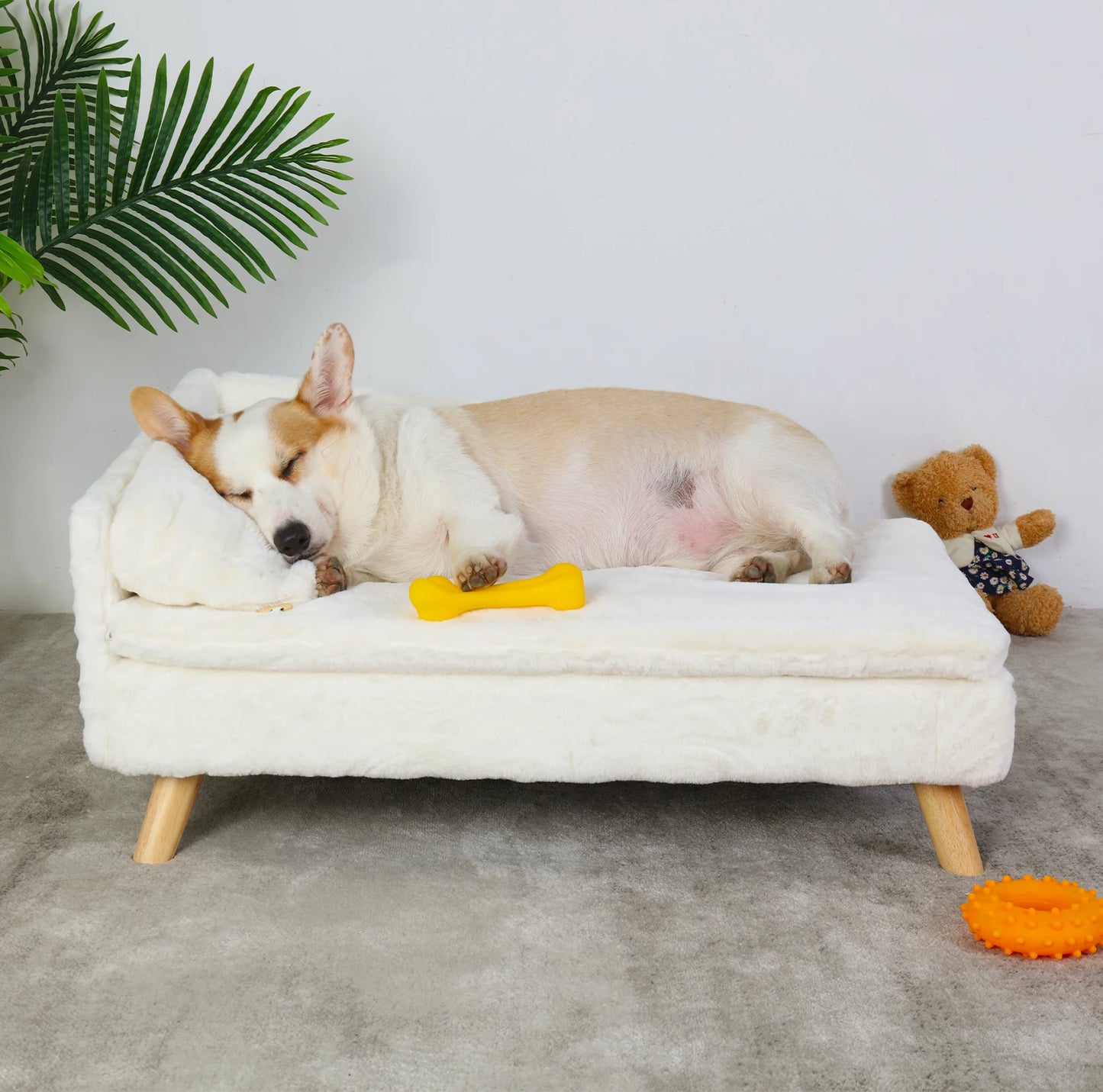 NONECN Elevated Pet Bed With Solid Wood Legs Indoor L Shape Plush Cushion
