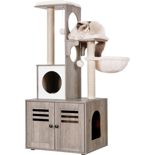 MKDK Cat Tree Litter Box Enclosure With Food Station