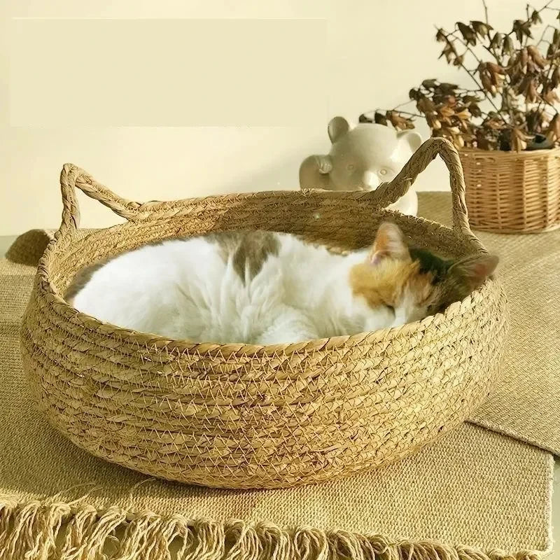 Lewencn Handwoven Rattan Cat Nest Four Seasons Warm Pad
