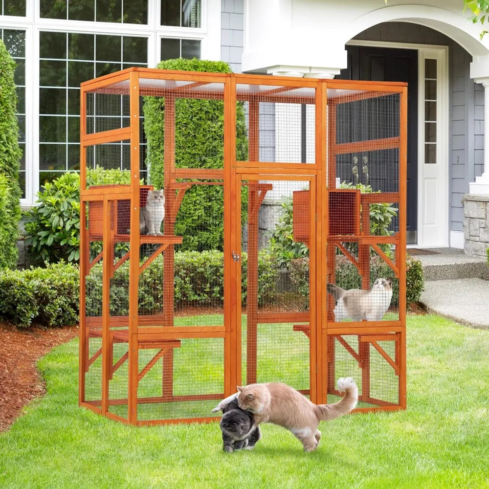 Closure Outdoor Wooden Cat Enclosure With Perches and Roof