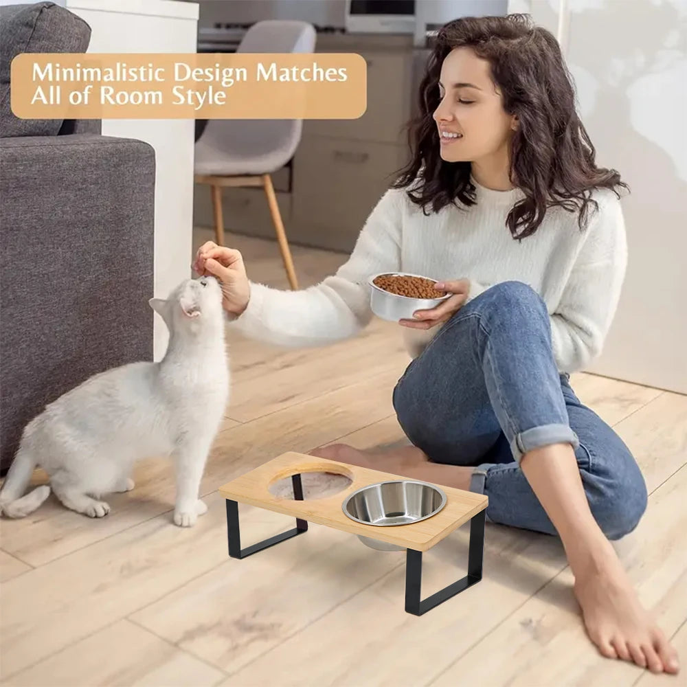 Elevated Tilted Cat Bowls On Wooden Stand Reducing Vomiting