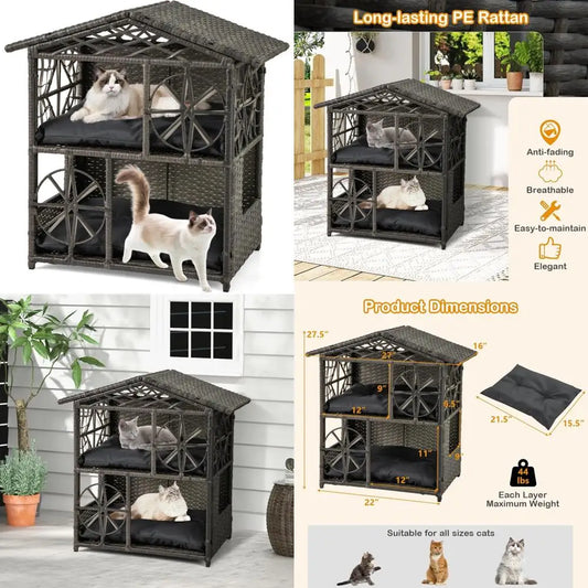 Tangkula Two Tier Rattan Cat House With Removable Cushions