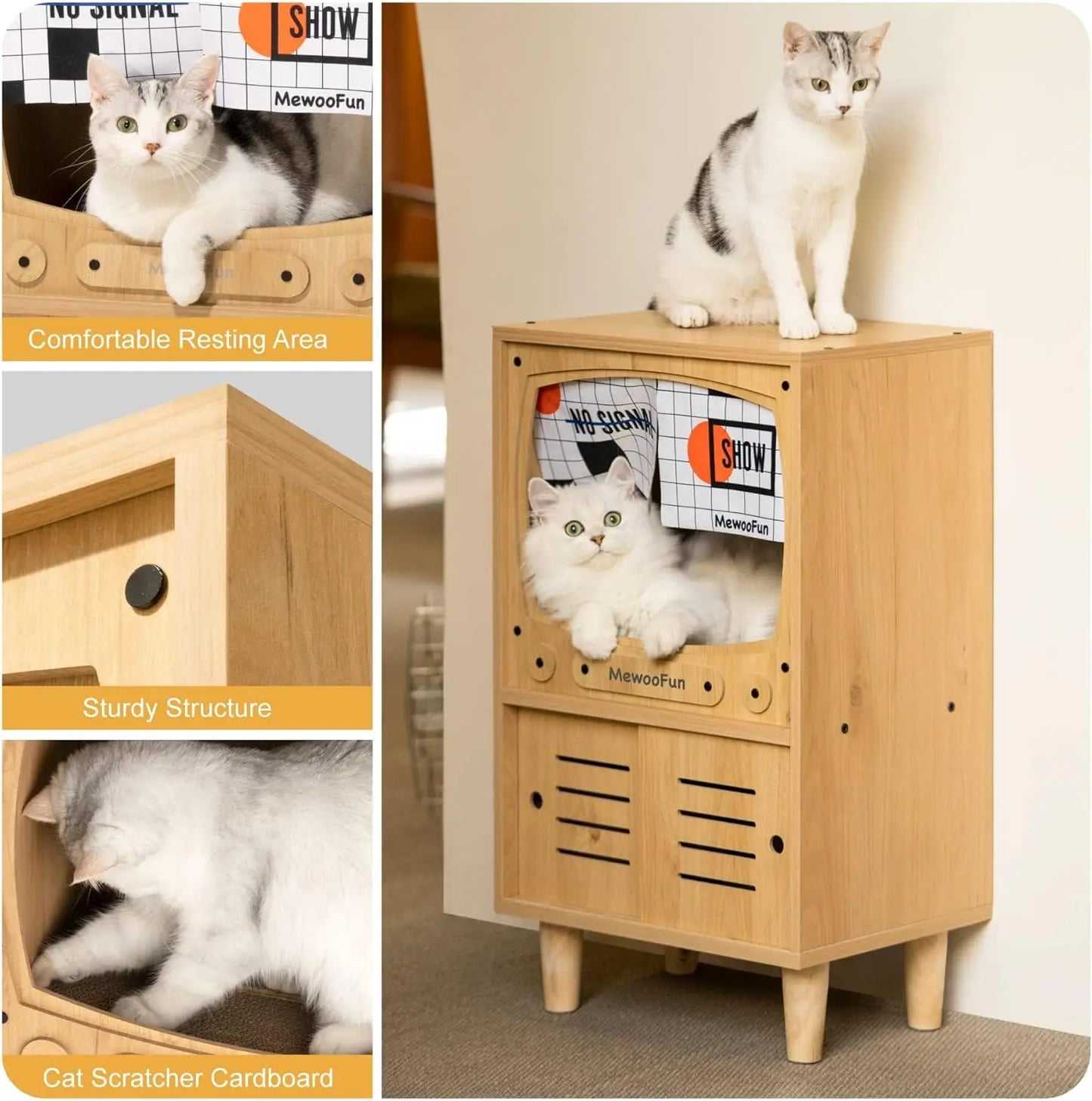 MEWOOFUNCN Cat TV House Wooden Condo with Scratcher and Storage