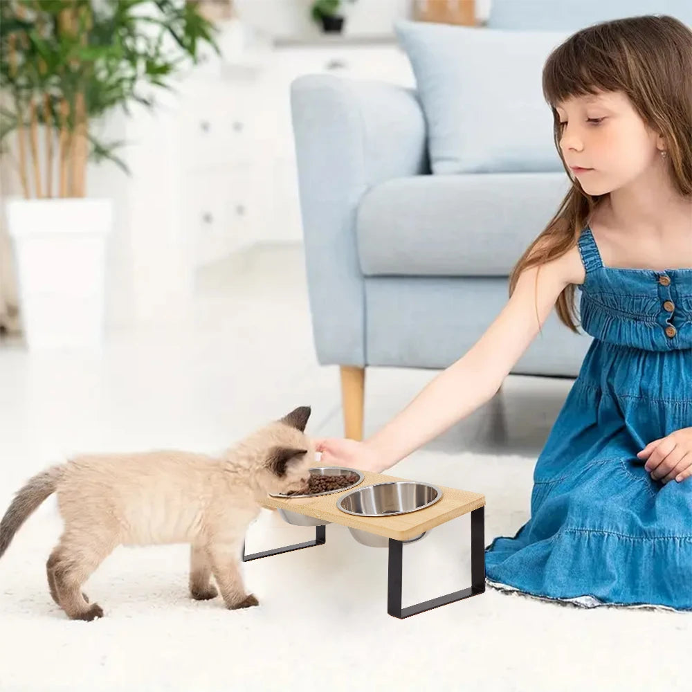 Elevated Tilted Cat Bowls On Wooden Stand Reducing Vomiting