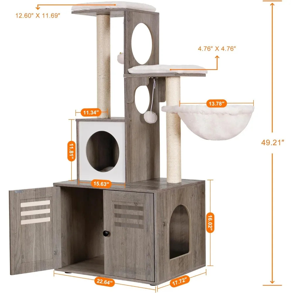 MKDK Cat Tree Litter Box Enclosure With Food Station