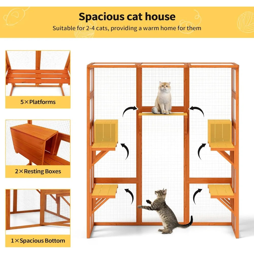 Closure Outdoor Wooden Cat Enclosure With Perches and Roof
