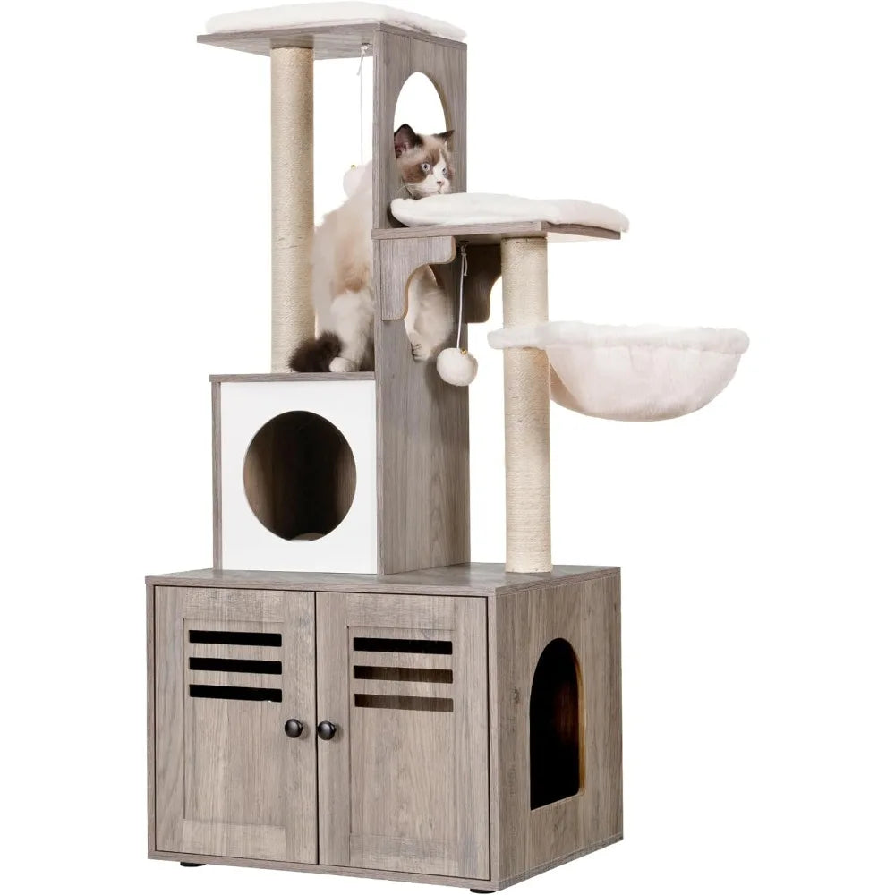 MKDK Cat Tree Litter Box Enclosure With Food Station