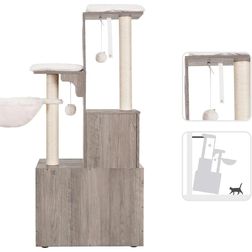 MKDK Cat Tree Litter Box Enclosure With Food Station