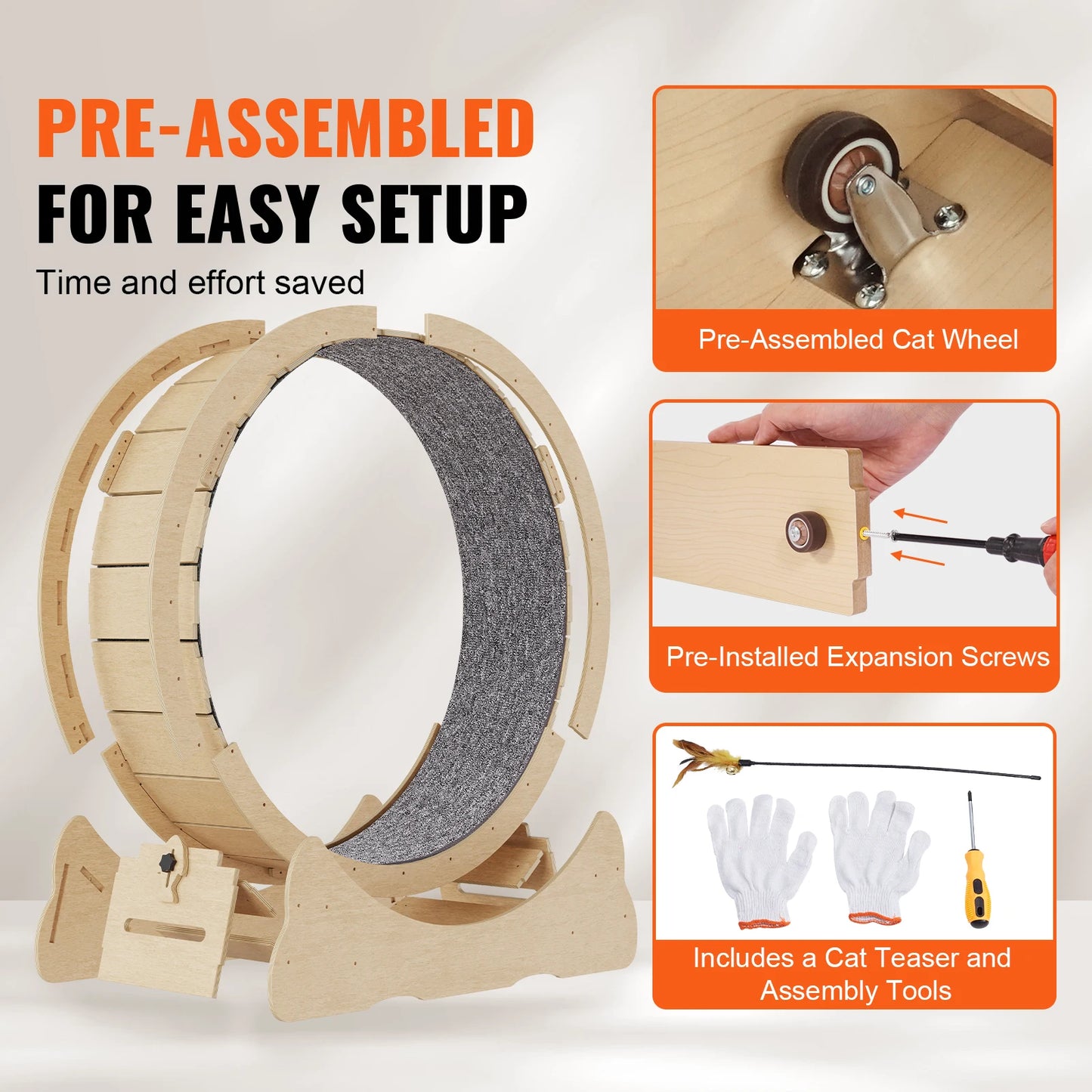 SucceBuy Wooden Cat Exercise Wheel Treadmill Wheel With Detachable Carpet And Cat Teaser