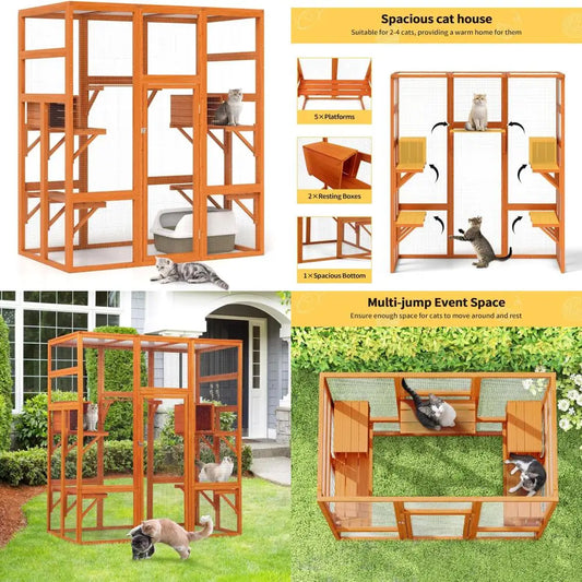 Closure Outdoor Wooden Cat Enclosure With Perches and Roof