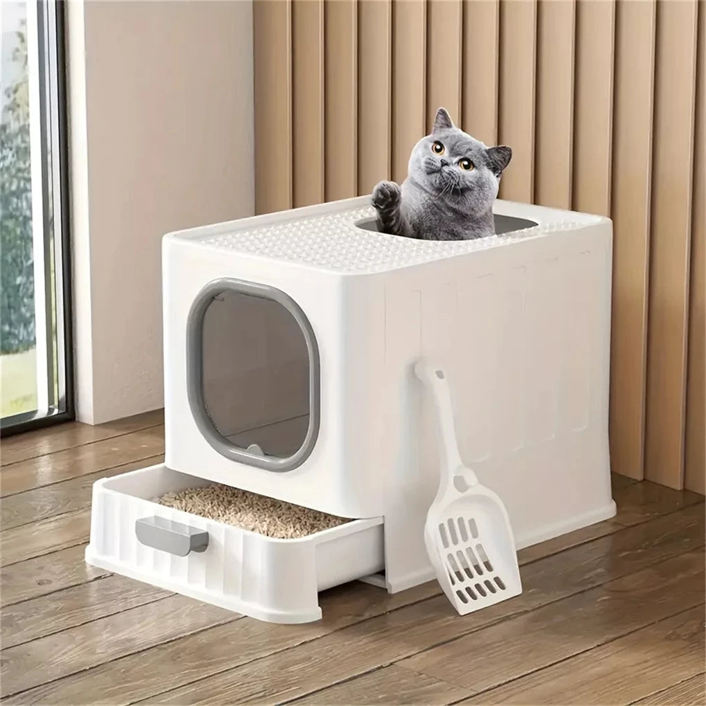 Leak-Proof Enclosed Cat Litter Box With Pull Drawer And Scoop