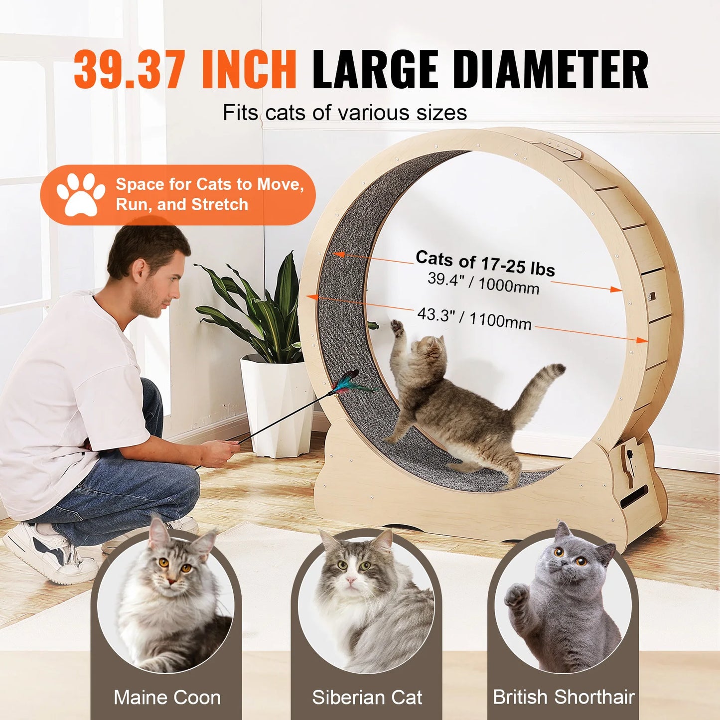 SucceBuy Wooden Cat Exercise Wheel Treadmill Wheel With Detachable Carpet And Cat Teaser