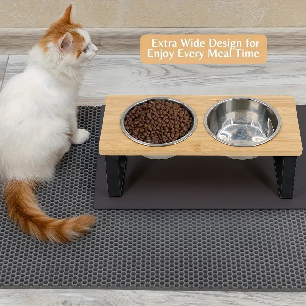 Elevated Tilted Cat Bowls On Wooden Stand Reducing Vomiting