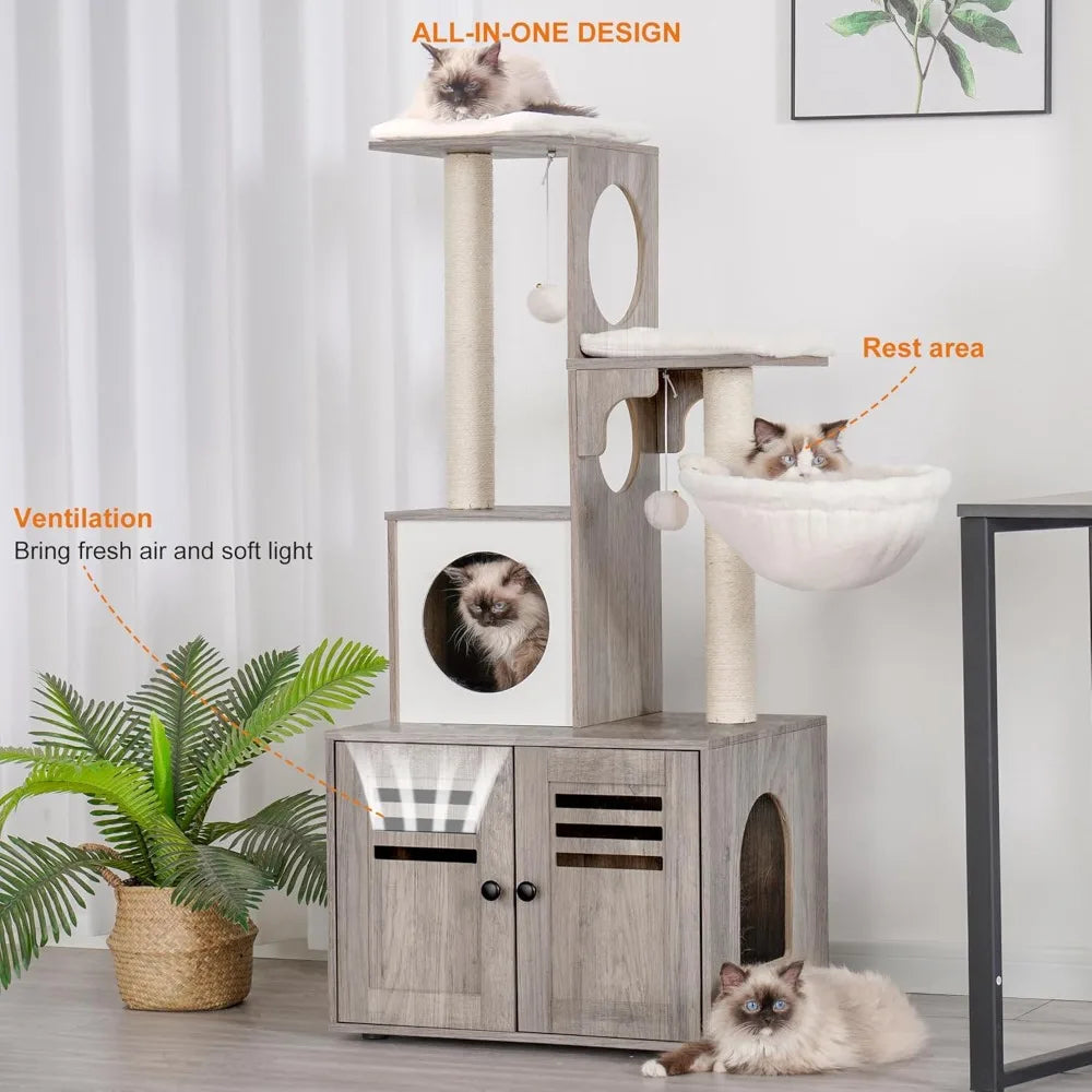 MKDK Cat Tree Litter Box Enclosure With Food Station