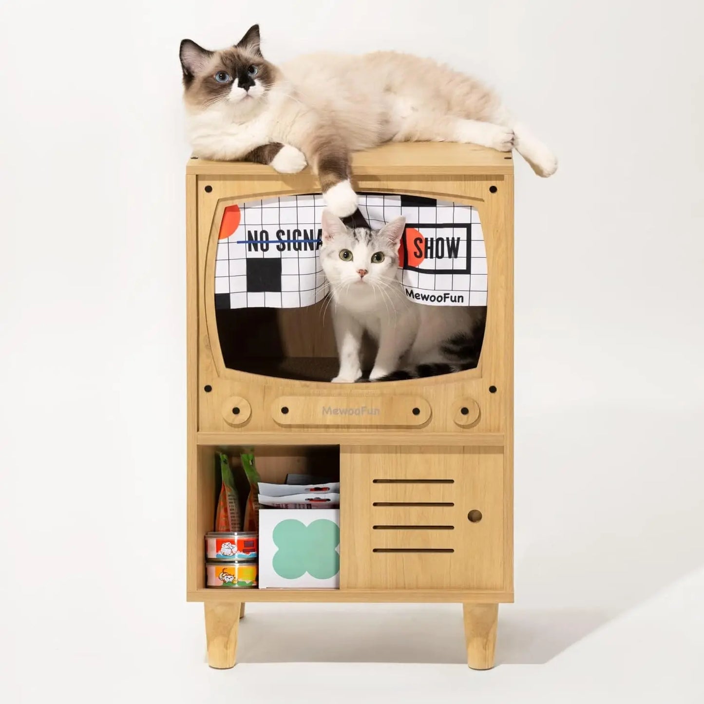 MEWOOFUNCN Cat TV House Wooden Condo with Scratcher and Storage