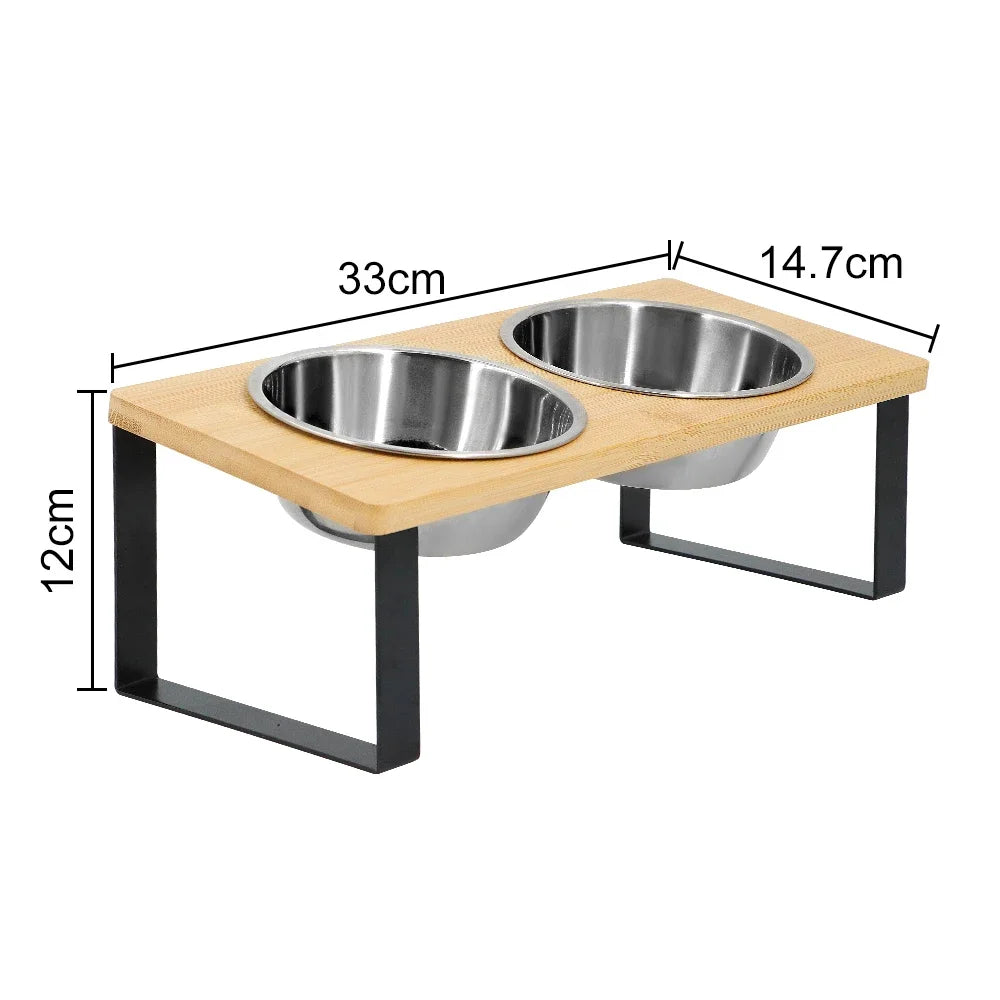 Elevated Tilted Cat Bowls On Wooden Stand Reducing Vomiting