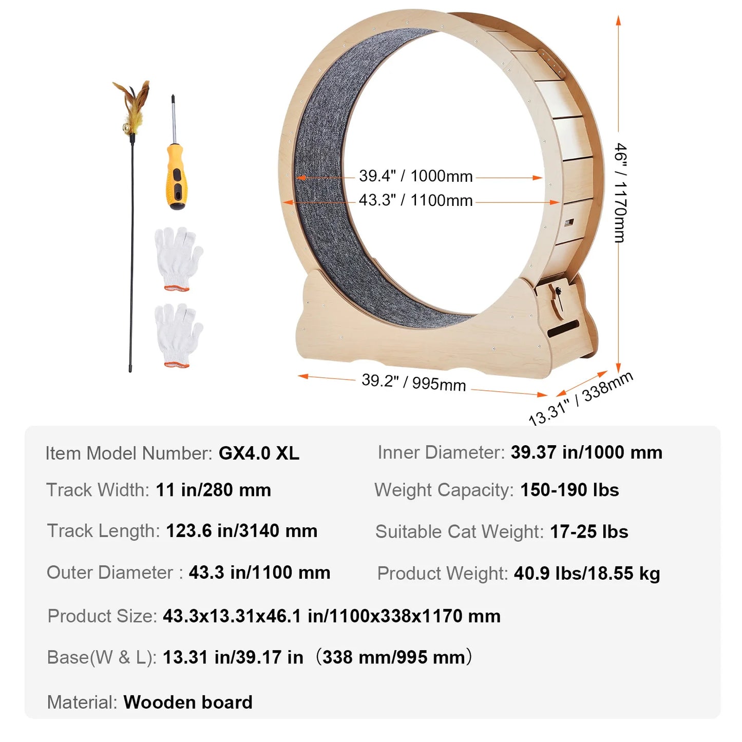 SucceBuy Wooden Cat Exercise Wheel Treadmill Wheel With Detachable Carpet And Cat Teaser