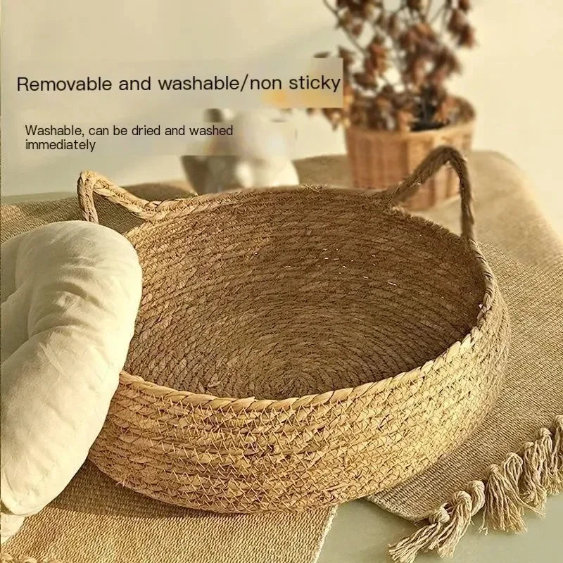 Lewencn Handwoven Rattan Cat Nest Four Seasons Warm Pad