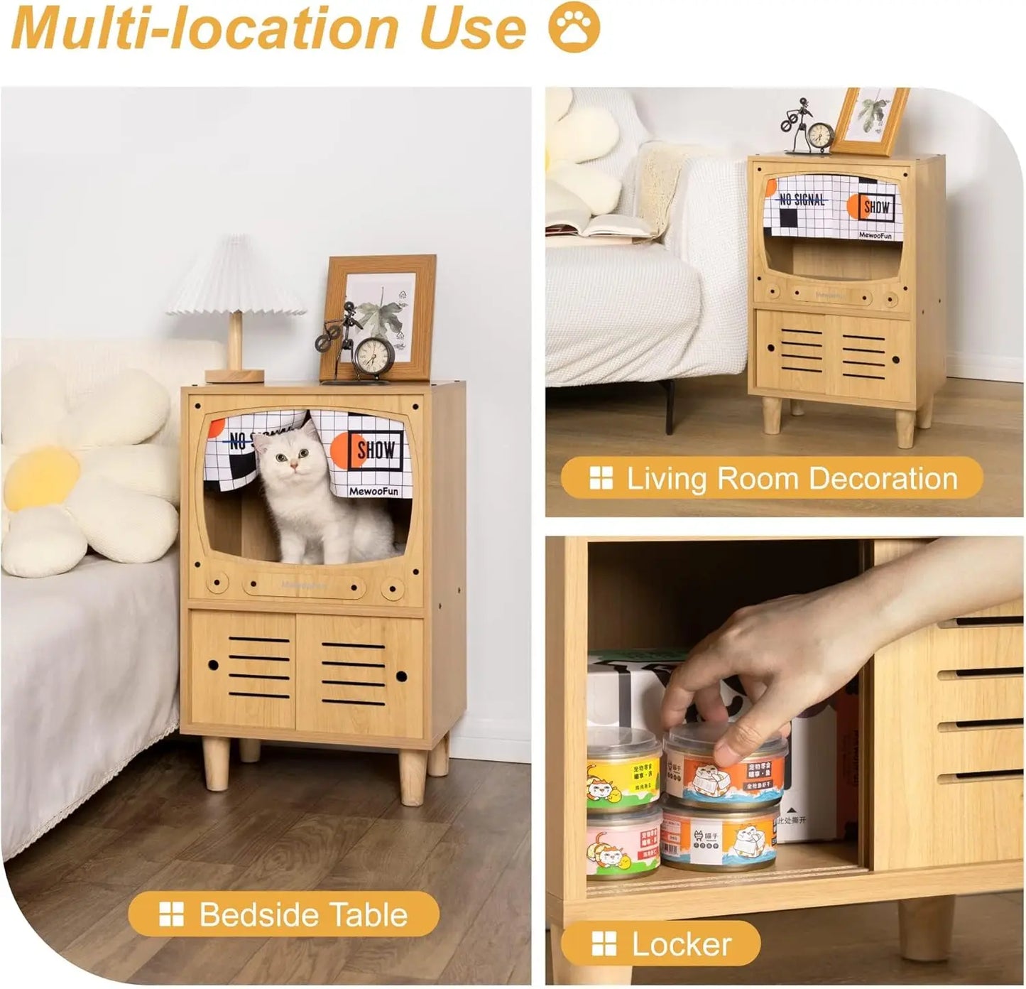 MEWOOFUNCN Cat TV House Wooden Condo with Scratcher and Storage