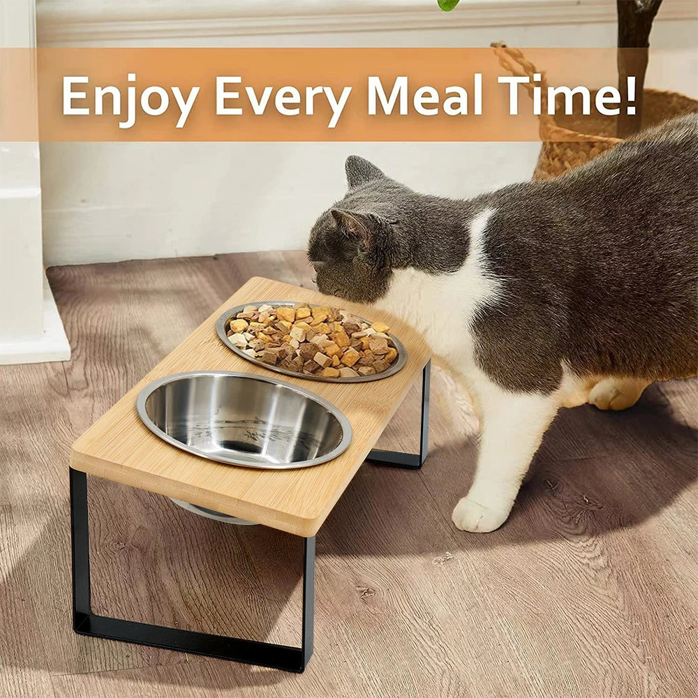 Elevated Tilted Cat Bowls On Wooden Stand Reducing Vomiting