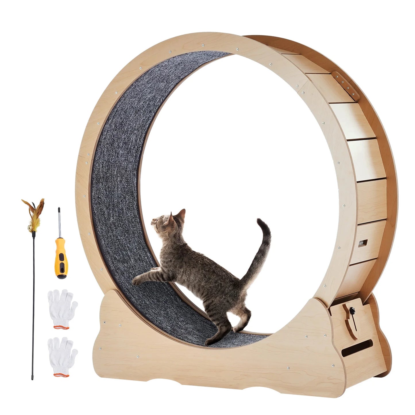 SucceBuy Wooden Cat Exercise Wheel Treadmill Wheel With Detachable Carpet And Cat Teaser