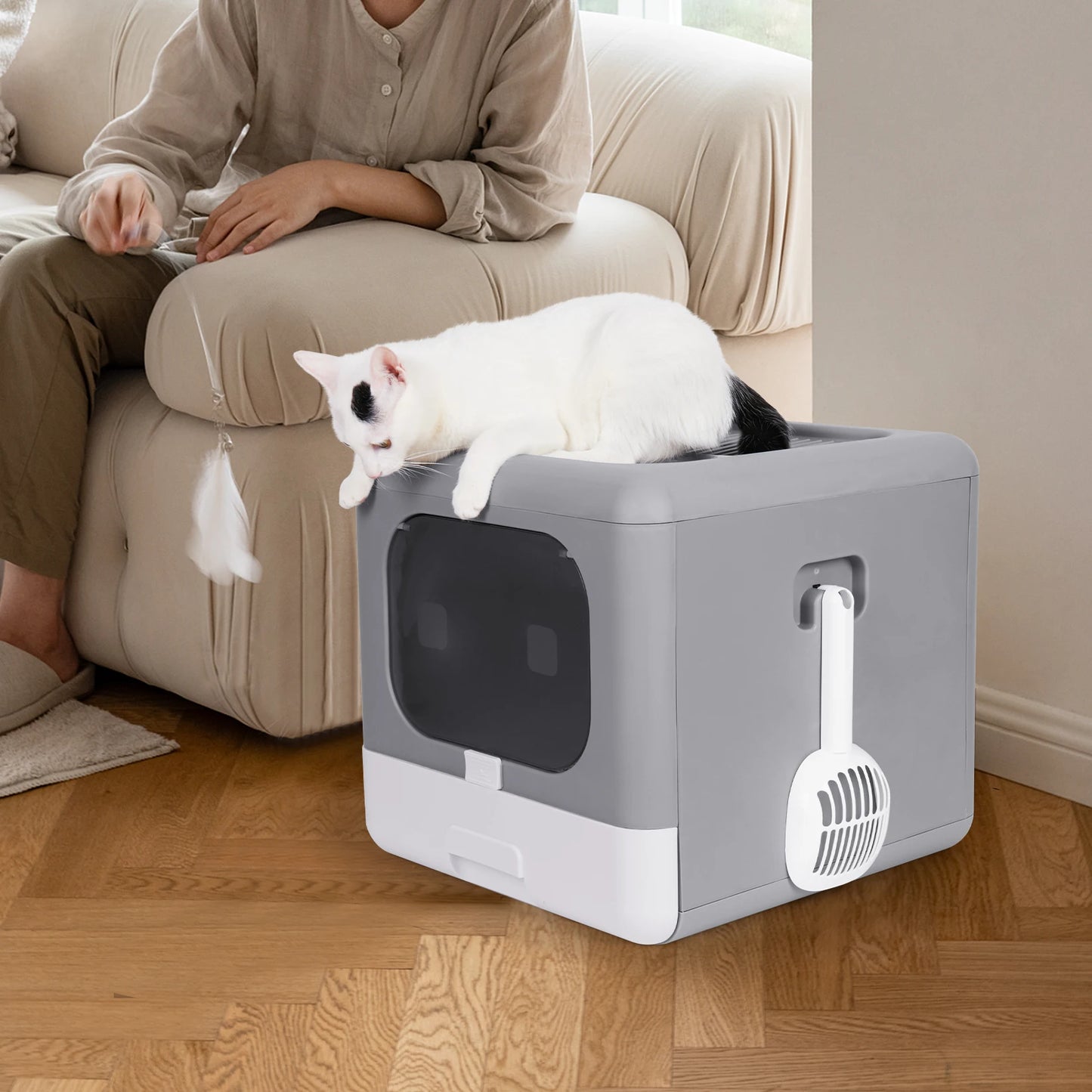 Detachable Top Front Entry Cat Litter Box With Scoop Drawer